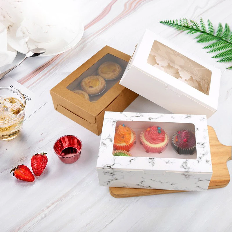 Bulk Kraft Paper Window Clear 4 6 12 24 Hole Muffin Cup Cake Cupcake Packaging Box Wholesale Custom Transparent Mini Cupcake Box