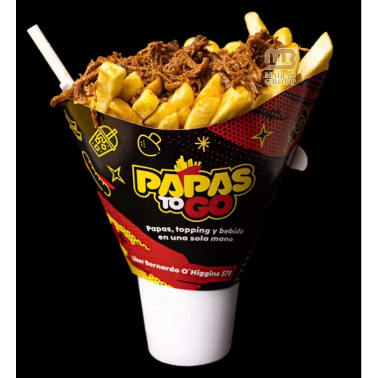 Одноразовая чашка для картофеля фри на вынос papas fritas бумажный конус одноразовые пищевые контейнеры оптом 2 в 1 стаканчик закусок и напитков