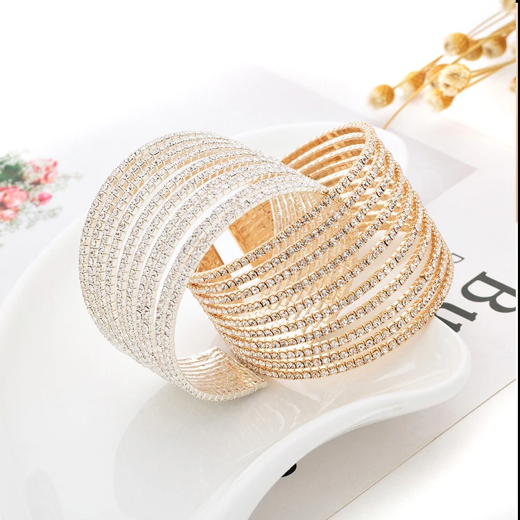 Wedding Wide multirows Crystal Bangle Stretch Crystal Rhinestone Cuff Bracelet for bodybuilding competition