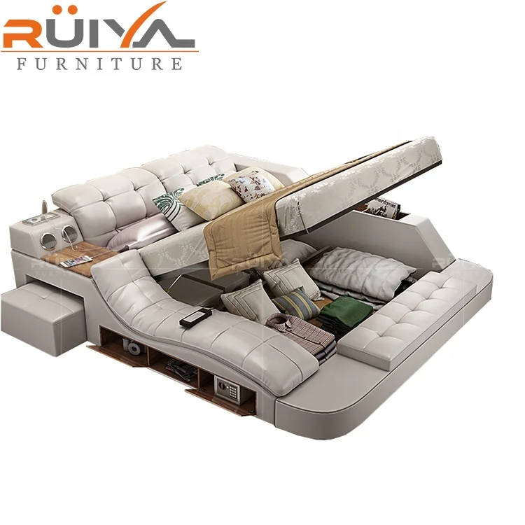 Modern Leather Fabric Bed with Storage Box Function Bedroom Furniture Set Chesterfield Style Multimedia Speaker USB Charger