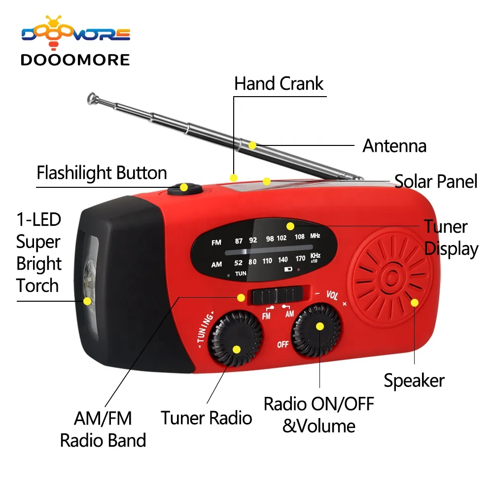 Dooomore solar energy dynamo hand crank flashlight usb mini pocket am fm emergency noaa weather radio