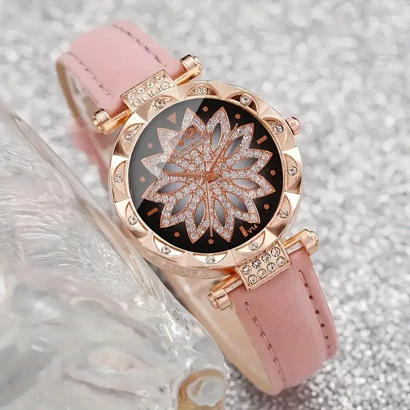 192045  7pcs Quartz Watches For Women Pu Leather Wrist Watch Alloy Pointer Jewelry Set