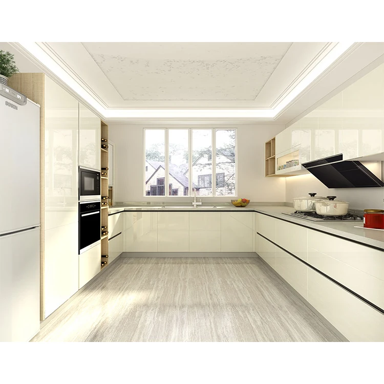 Customized modern champagne color lacquer wood kitchen cabinets with soft closing design