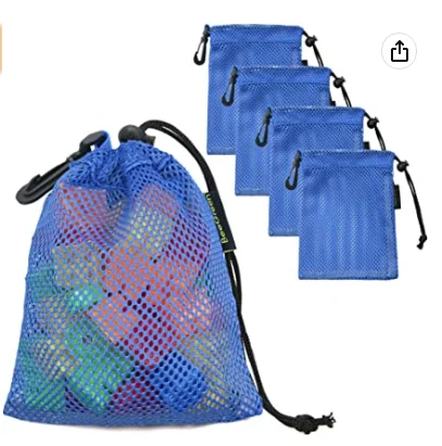 5 Pack Small Mesh Bags Blue Mesh Drawstring Bags with Drawstring Cord Lock Closure Net Bag for Toys,Balls, Laundry with Carabine