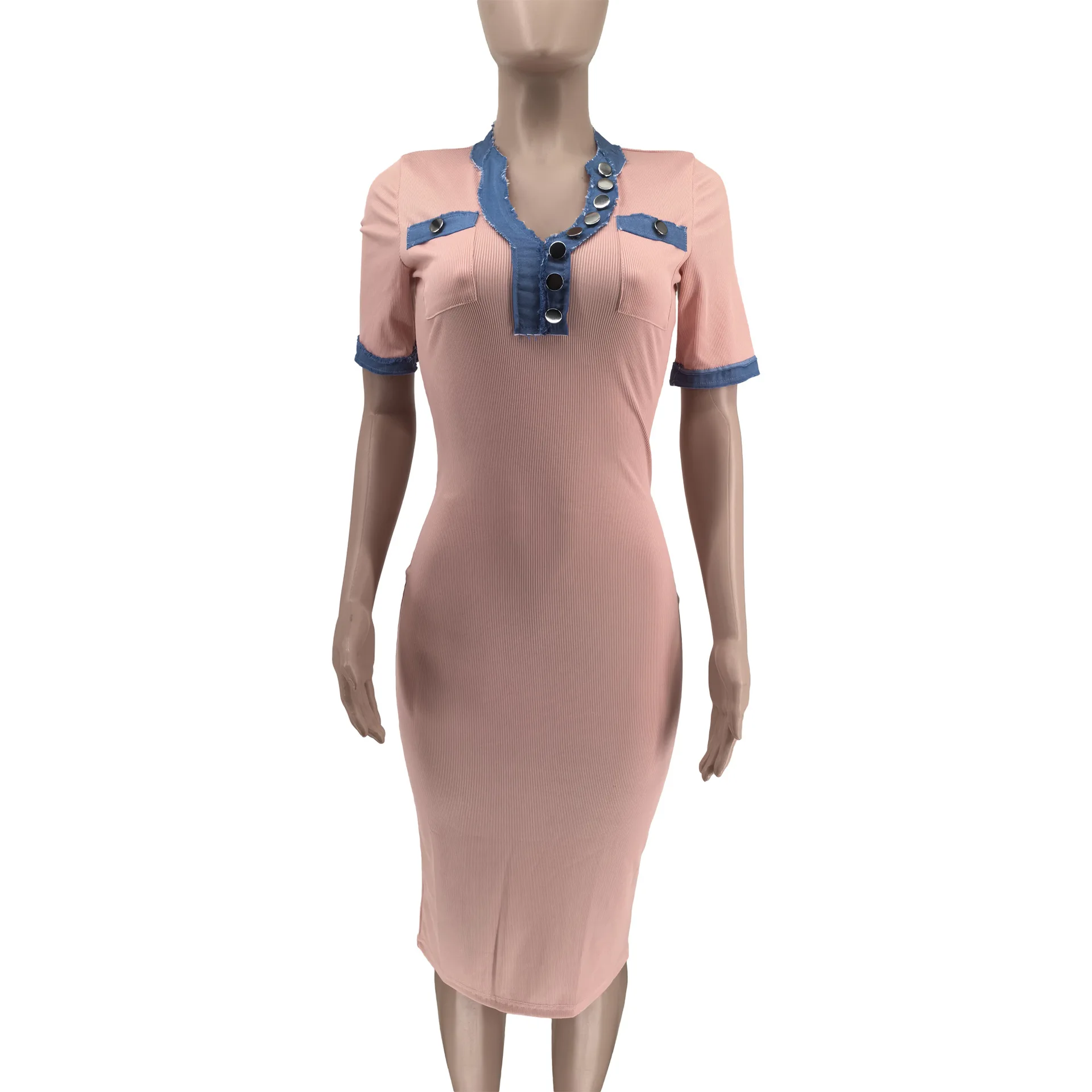 sell and buy products Fashion Washed Denim Patchwork Pocket Solid Color ribbed Short sleeve knitted Slim dress