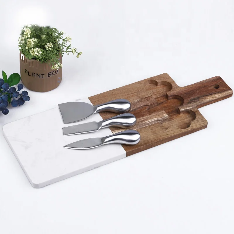 
Natural Marble Stone Slate Acacia Wooden Cutting Board Cheese Charcuterie Serving Tray with Knife Set 