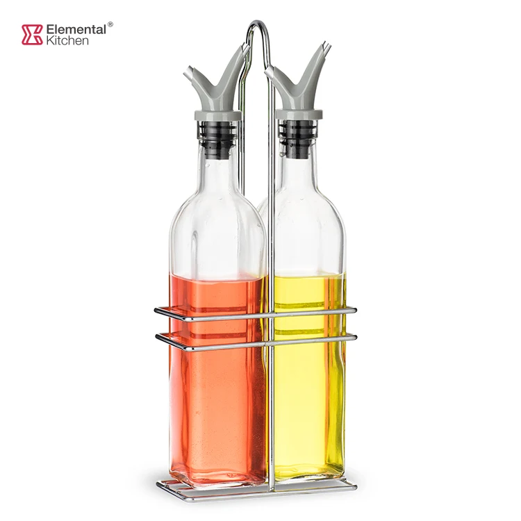 150ml 250ml 500ml Unique Design Dual Spout Oil and Vinegar Dispensing Set with Stainless steel Rack