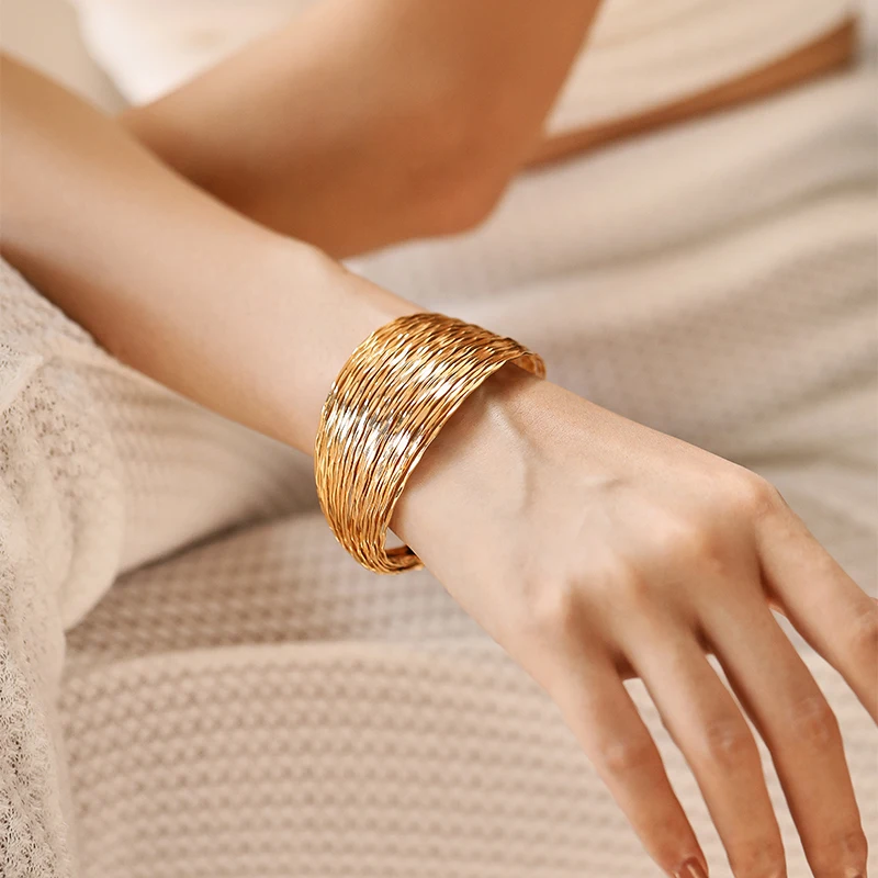 Brass 18K Real Gold Heavy Metal Texture Feminine Bracelet Multi-layered Line Weave Adjustable Open Bracelet