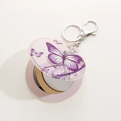 wholesale portable round leather pocket compact mirror keychain for girls