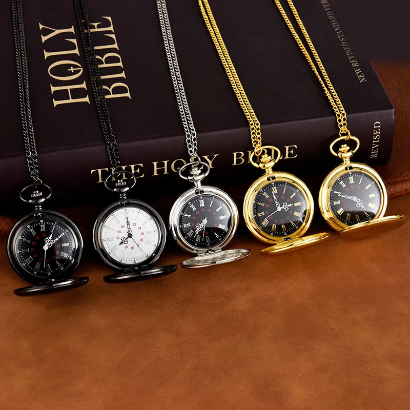 Fashion Smooth Blank Pocket Watch Fob Chain Quartz Pocket Watch Roman Number Dial Pendant Fob Watch Gifts Clock