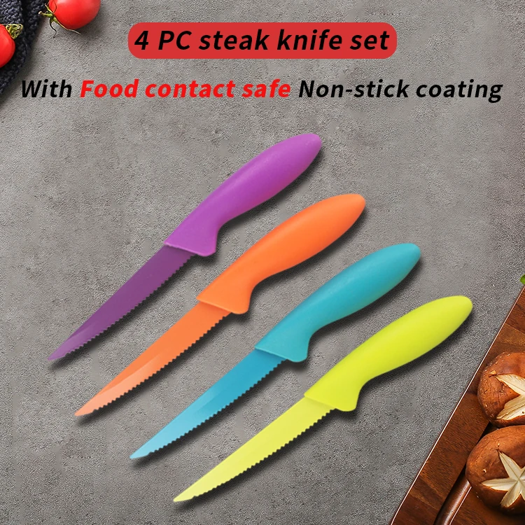 Homsense Manufacturers Amazon Wholesale Kitchen Accessories Colorful Non-stick Coating 4 Pcs Steak Knife Set
