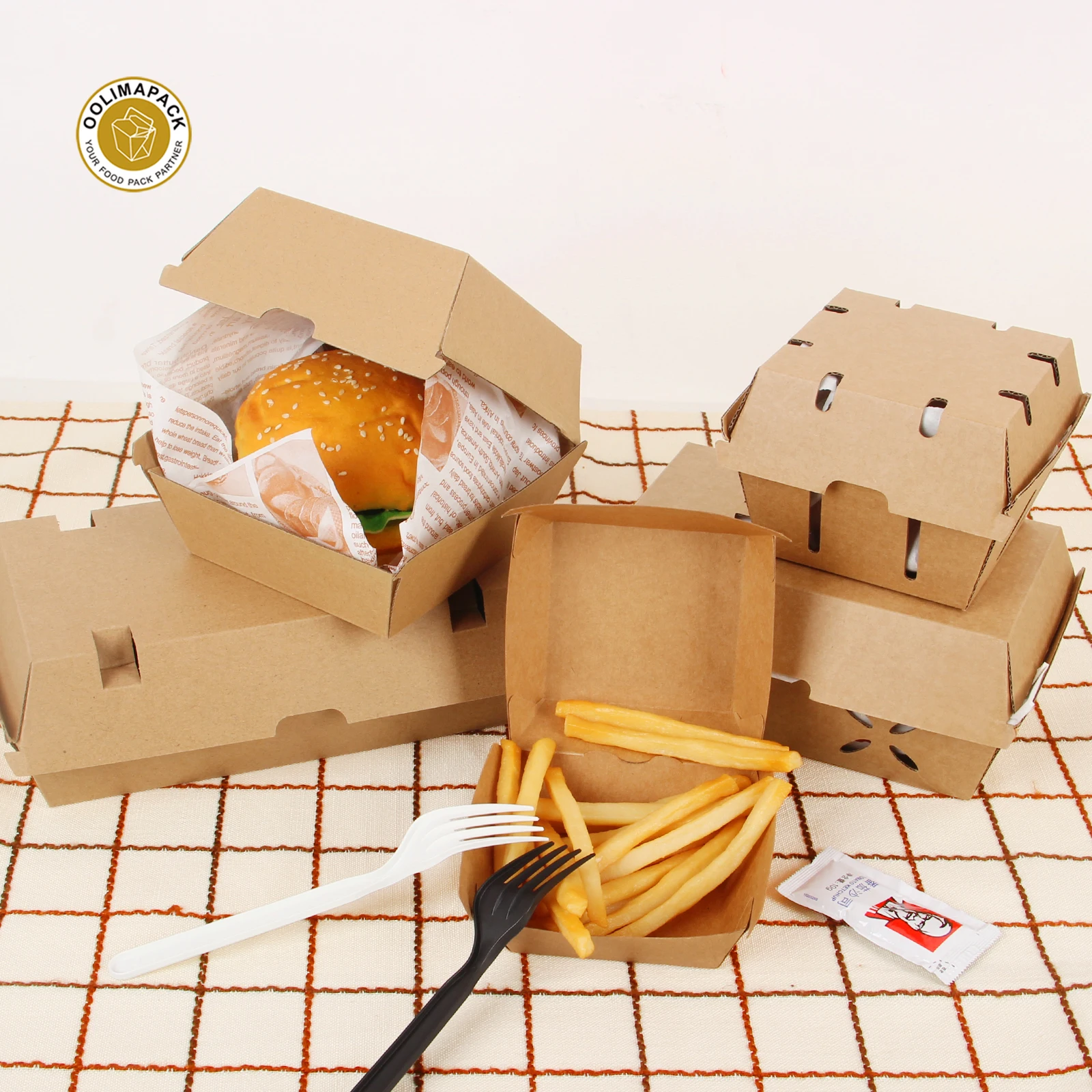 OOLIMAPACK Takeaway Burger Packaging Kraft Paper Box Custom Hamburger Box Packaging