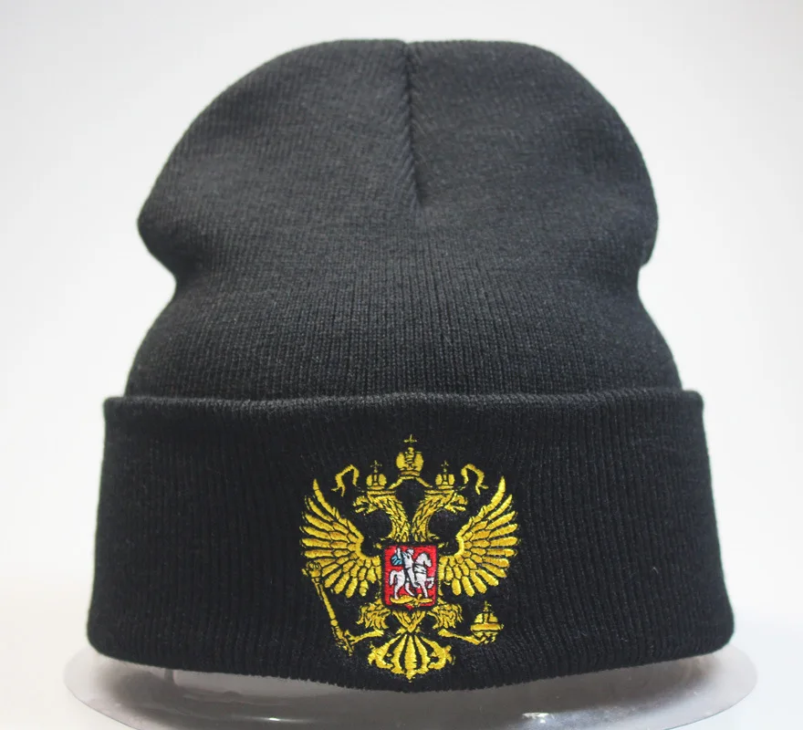 Popular Russia National Emblem Badge Embroidery Knitted Hat Sleeve Cap Autumn Winter Warm Hat Cold Beanie