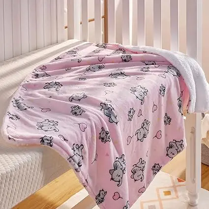 Plush Flannel Sherpa Baby Blanket Portable Reversible Soft Micro Fleece Baby Crib Throw Blanket with Animal Print Elephant