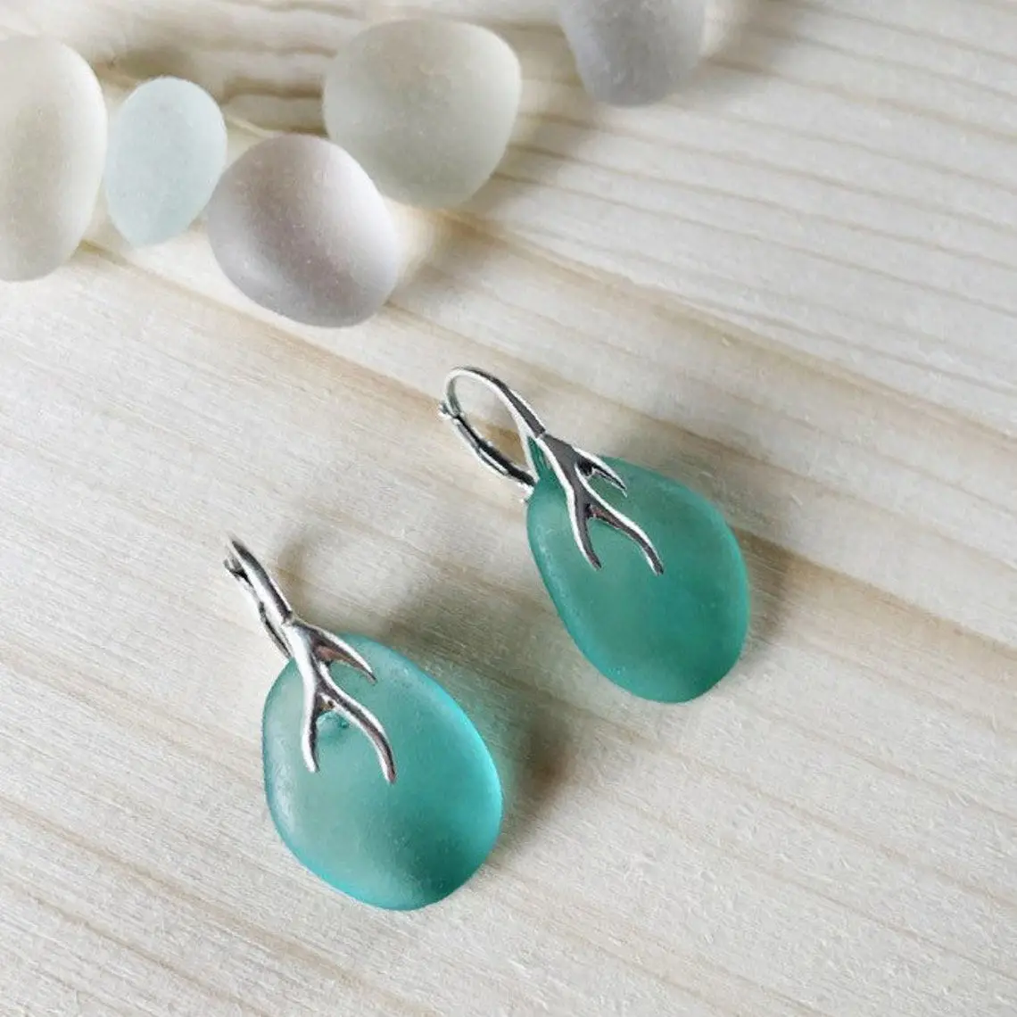 Teal blue sea glass earrings Blue sea glass earrings with coral shaped bail Sea glass jewelry