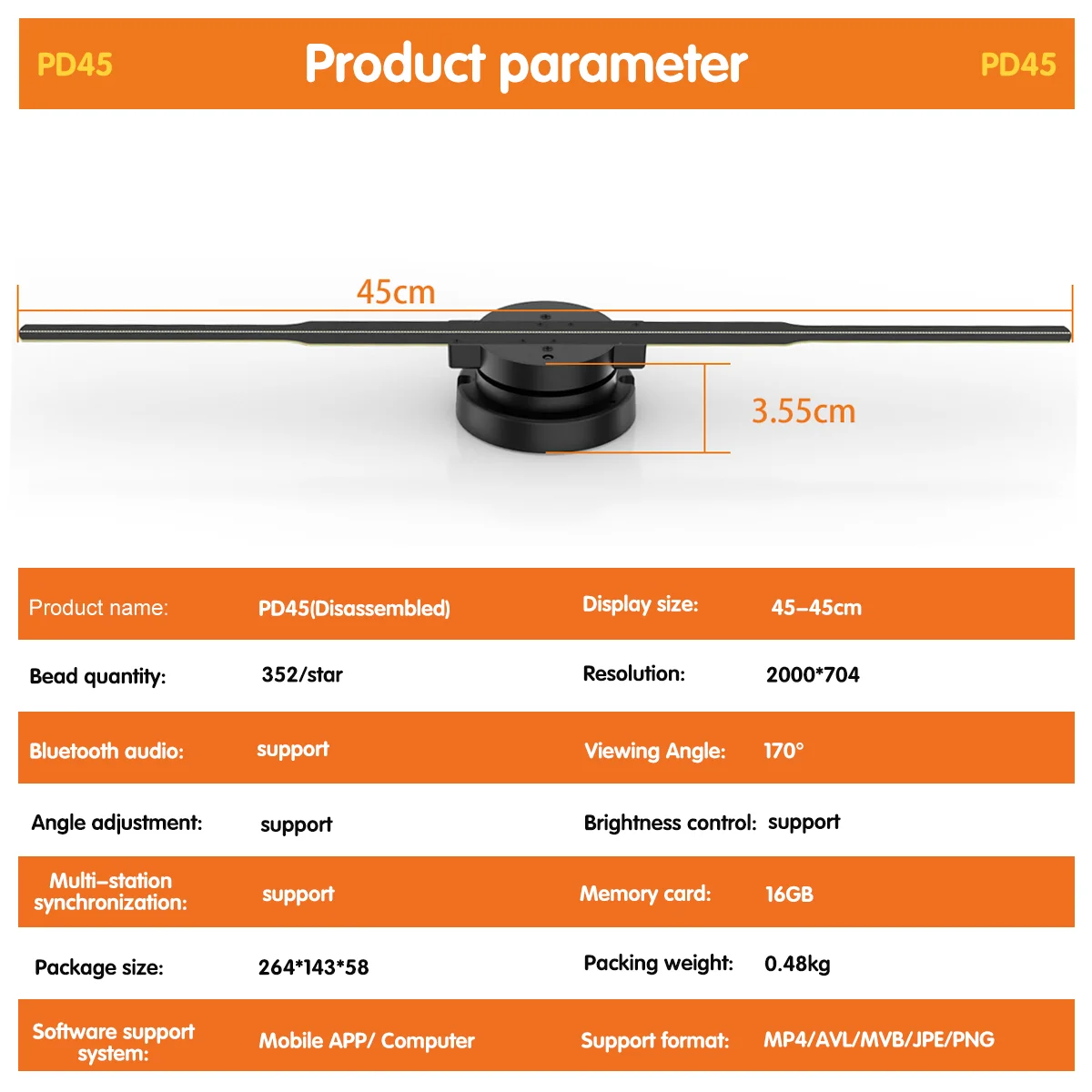 YHPD45 3D Holographic Projection 3D Fan For Advertising Display 45cm Hologram Projector 3d Hologram Light 244 Full Color LED