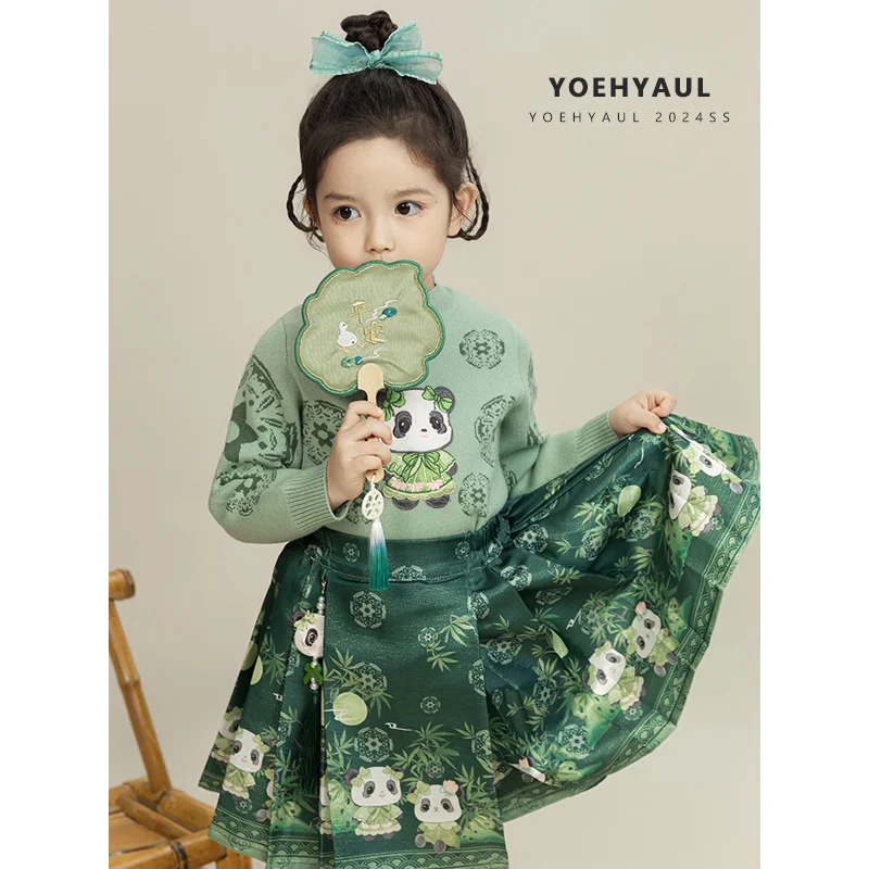 YOEHYAUL D3695 Winter Chinese Horse Face Skirt Set for Girls Cute Panda Embroidery Pullover Knitted Sweater Set for Children