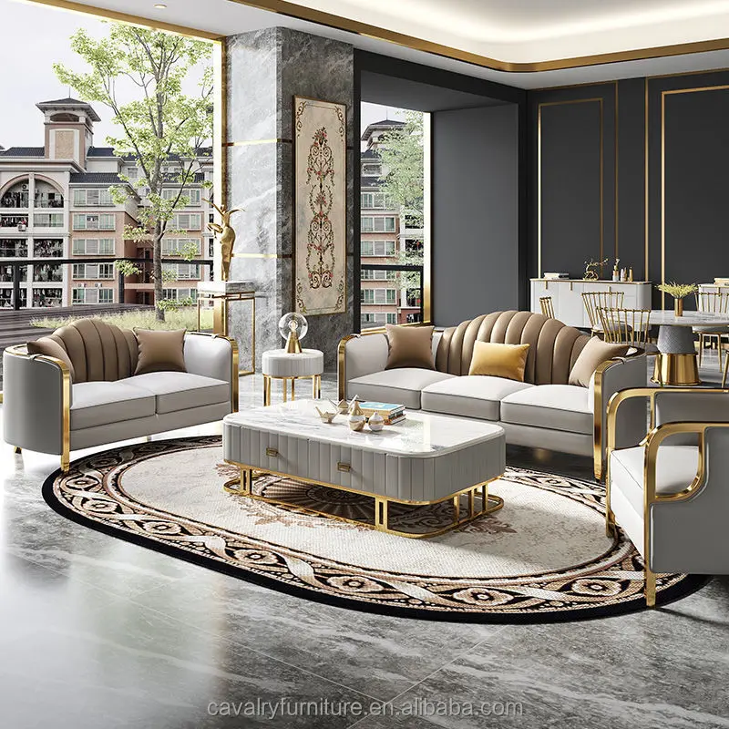 Modern Stainless Steel Nappa leather Sofa Living Room furniture 1 2 3 Sofa Set