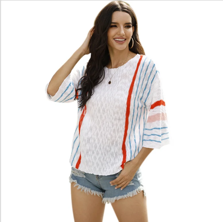 
2021 new women flare sleeve Vertical stripe patchwork knit 