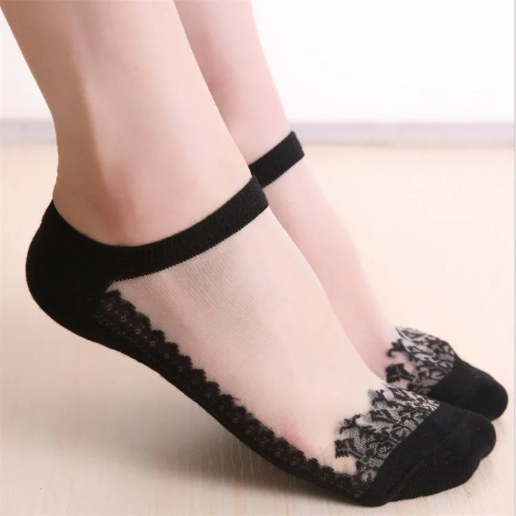 New Design  Spring Summer Cute  Girl Invisible Socks Non Slip Transparent Lace Socks