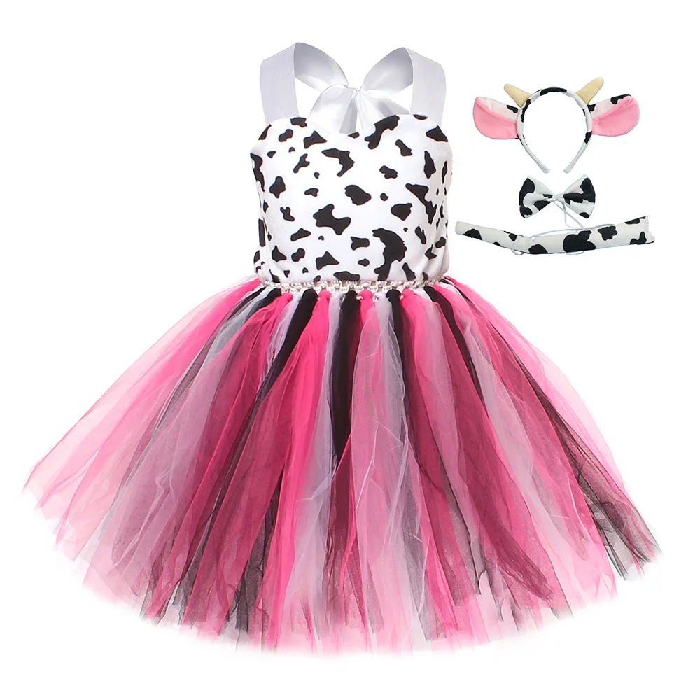 Halloween Animal World Cow Tiger Girl Dress mesh dress elegant cow print girls dresses