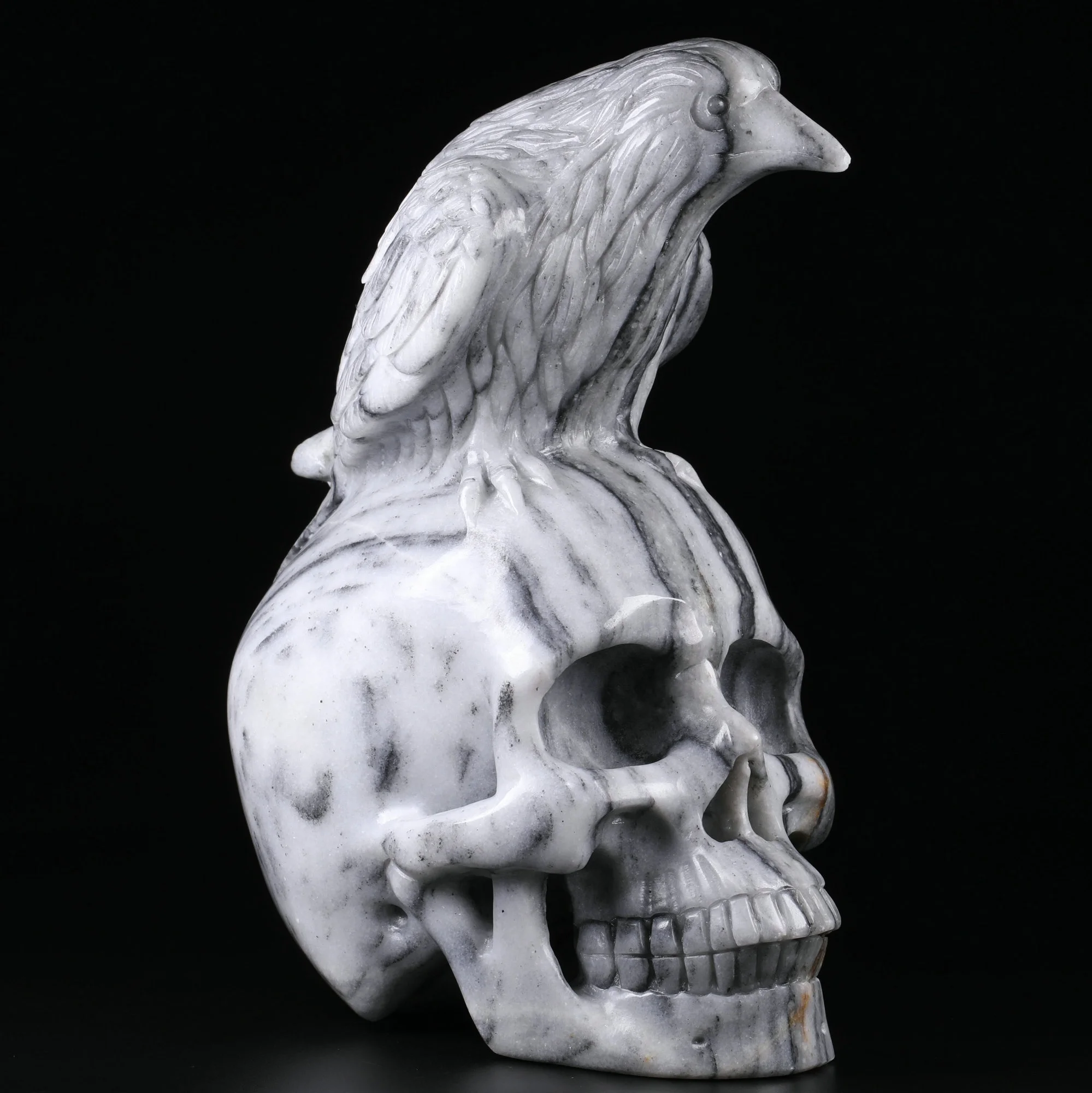 High quality customized hand carved crystal art sculpture folk crafts crystal raven skulls with dragon with crow