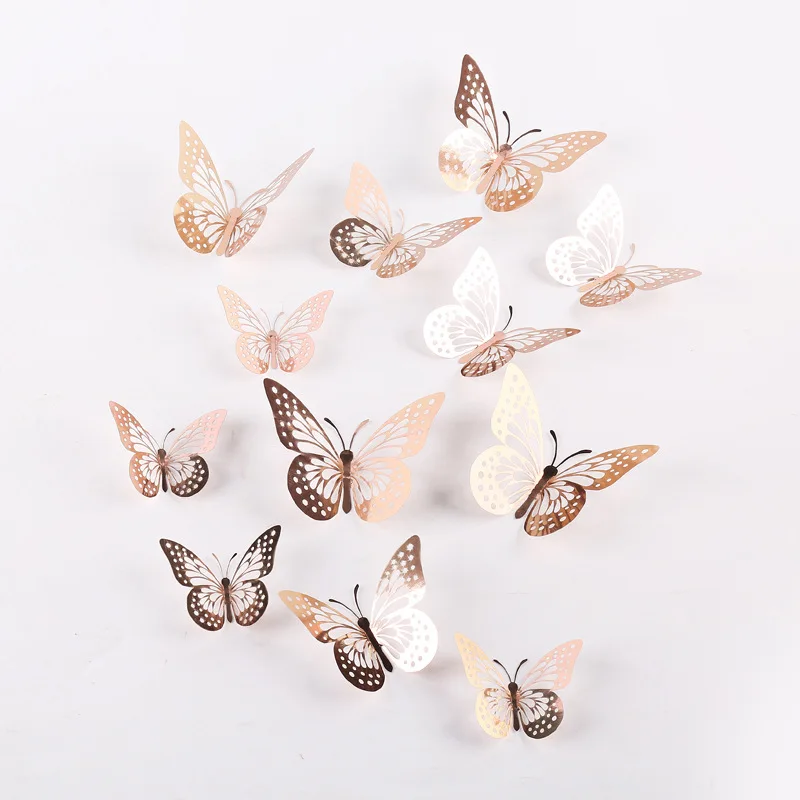 12Pcs 3D Hollow Butterfly DIY Cake Topper Cupcake Decoration Kids Room Wall Decals Wedding Party Artificial Butterfly Cake Decor