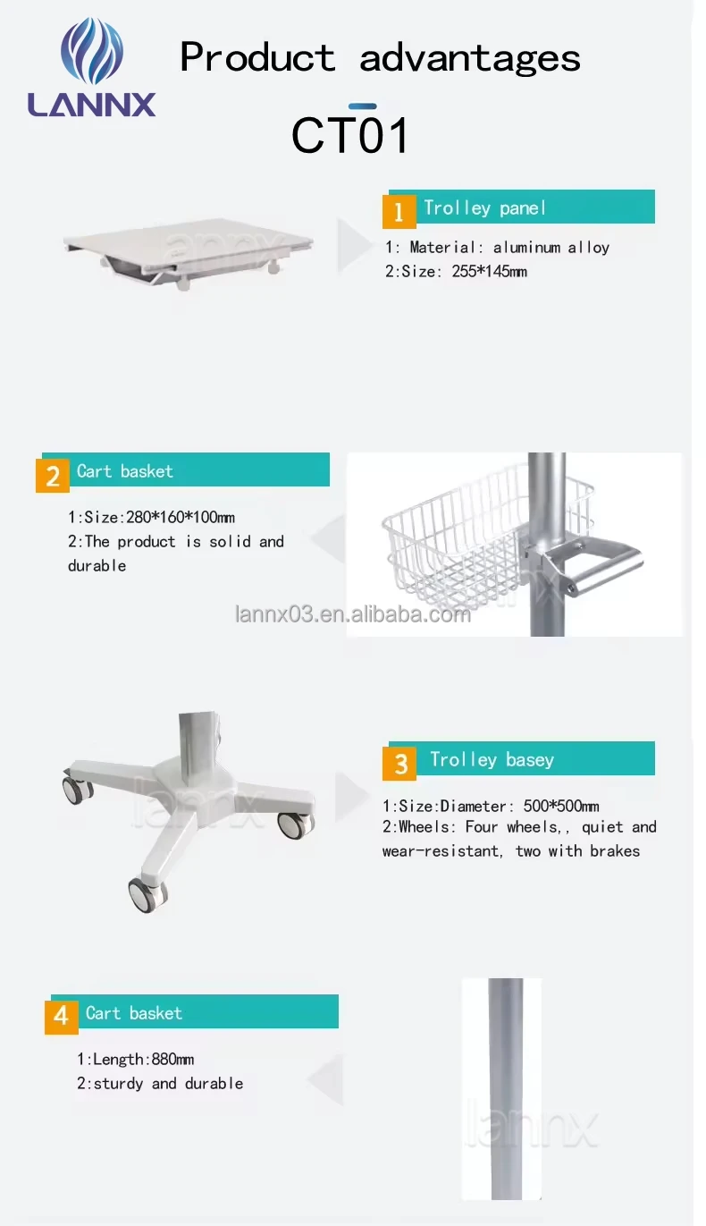 LANNX CT01 Factory price Hospital Equipment trolley cart with wheels casters Mobile Medical trolley patient monitor Cart bracket