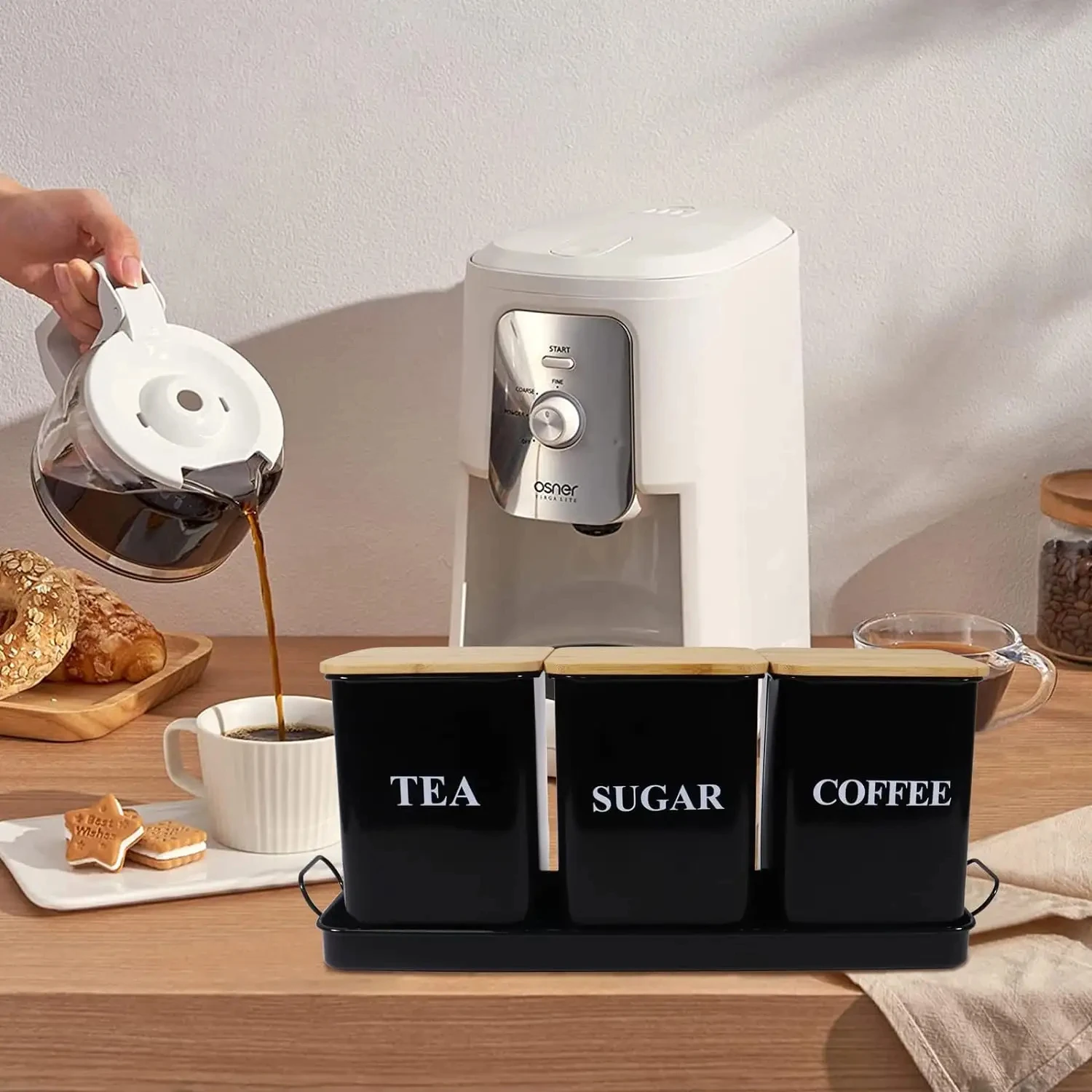 Tea Coffee Sugar Canisters Set With Tray Metal Storage Box For Coffee Kitchen Storage Jars with Wooden Lid