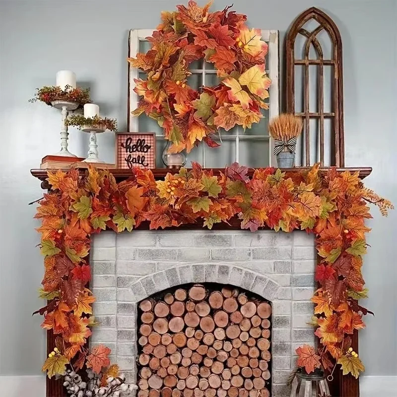 Artificial Autumn Maple Leaves Garland Vine Hanging Plant for Thanksgiving Halloween Fireplace Decoration Christmas Home Decor
