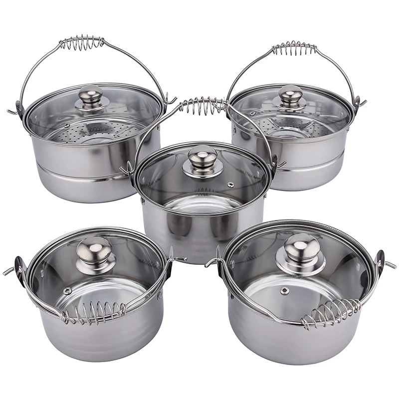 10PCS ollas de cocina Portable Camping Cookware Kitchen Set Stainless Steel Steamer Pot Sets