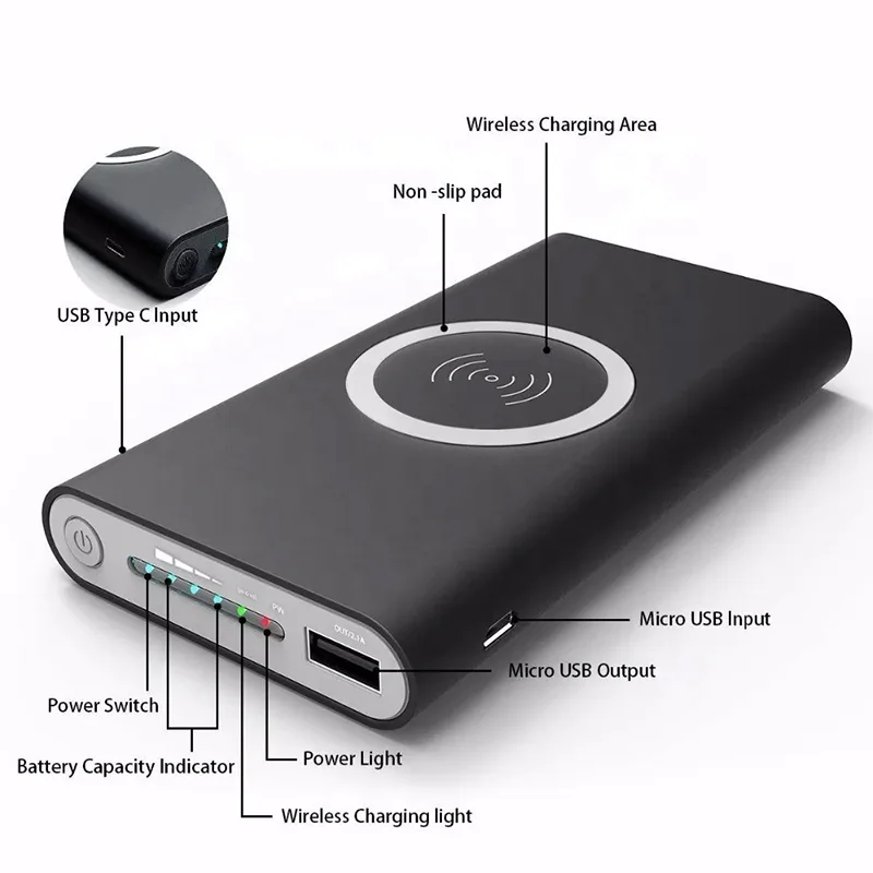 10000mah Power Bank External Battery Bank Built-in Wireless Charger Powerbank Portable QI Power Bank