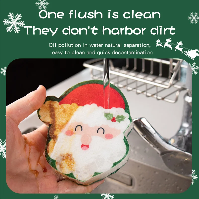 Customize Christmas Style Cartoon Three layers Scrub washing Sponge Pad for Kitchen Cleaning Scrubbing