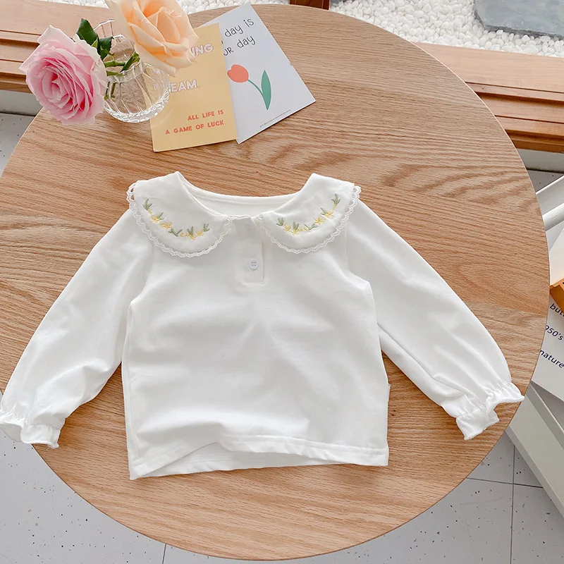 2025 Spring Toddler Baby Shirts For Girls Collar Blouses Vintage White Casual Cotton Girls Blouses