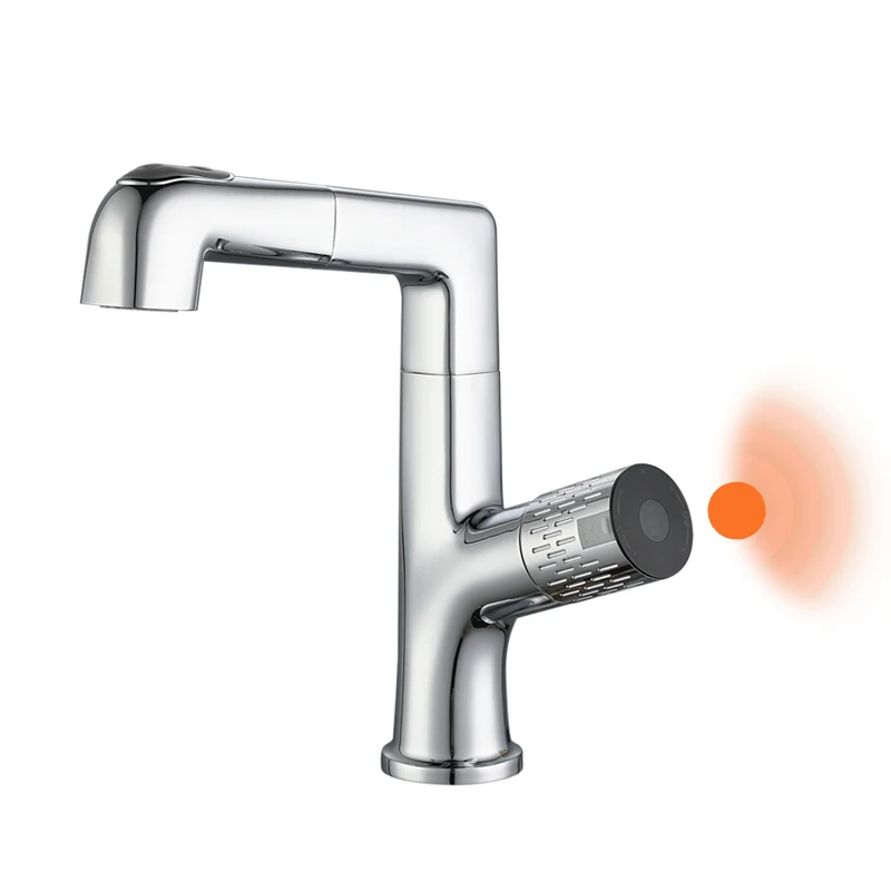 2021 New Style Bathroom Luxury Bright Single Hole Black washbasin Water Tap Brass Sensor Automatic Pull Out Basin Faucet Mixer