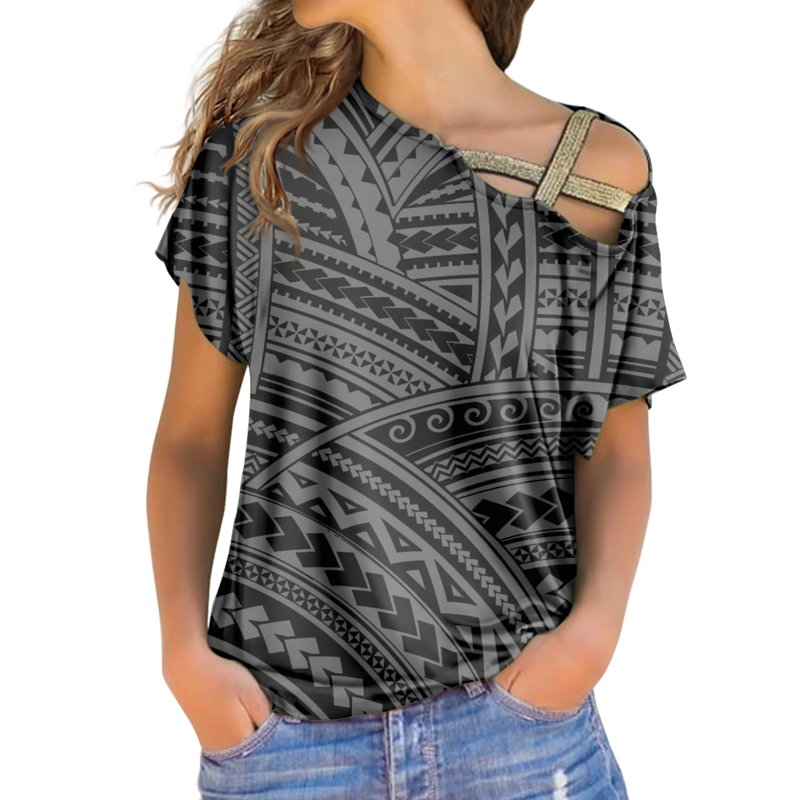 White/Black Samoan Tribal Tattoo Totem Print Ladies T Shirt Raglan Short Sleeves Hawaiian Clothes Blouse Chiffon T Shirt