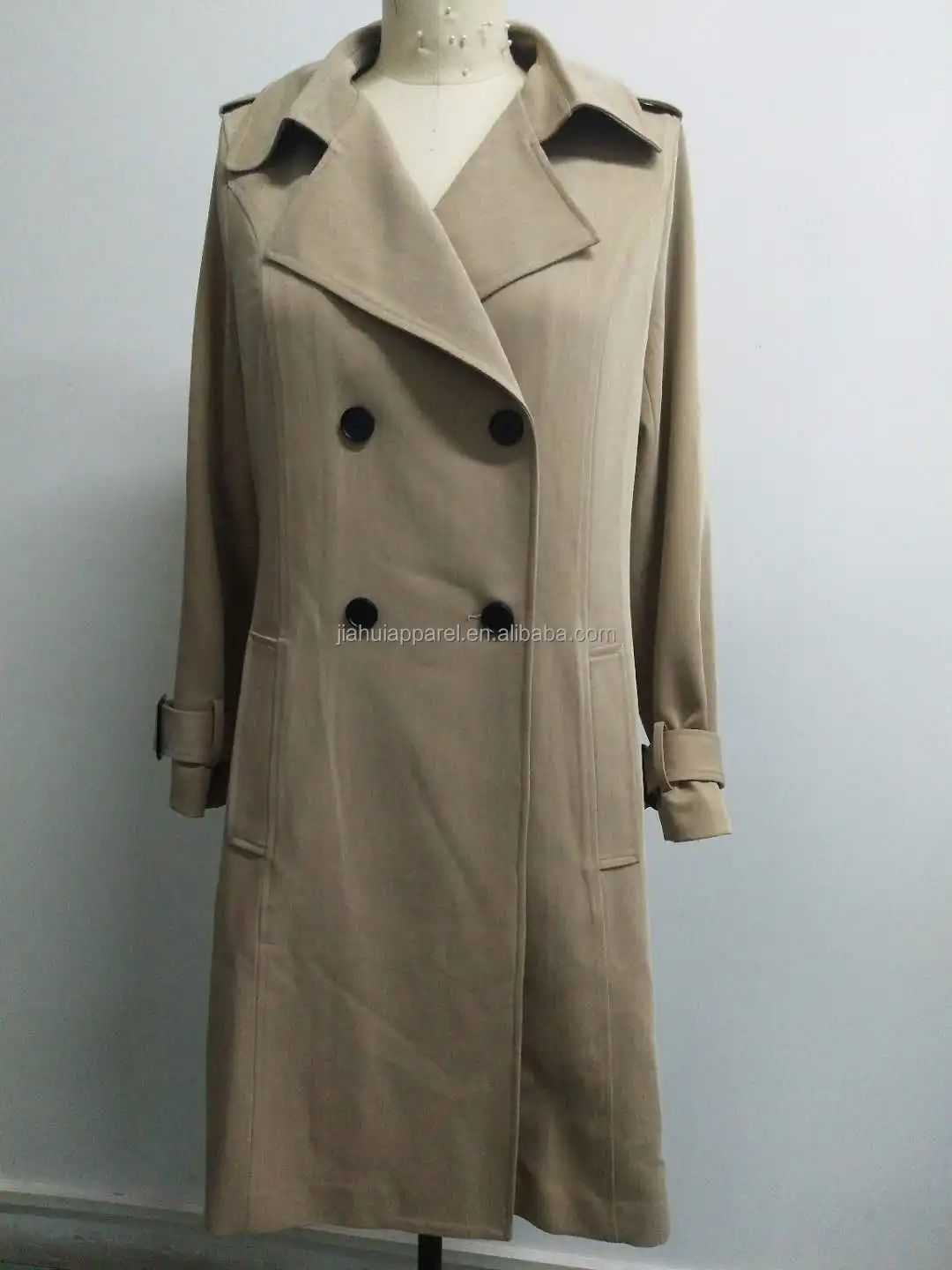 Custom Jacket Collar Double Breasted Belted Tailored Modest Coat Long Sleeve Women Trench Coats