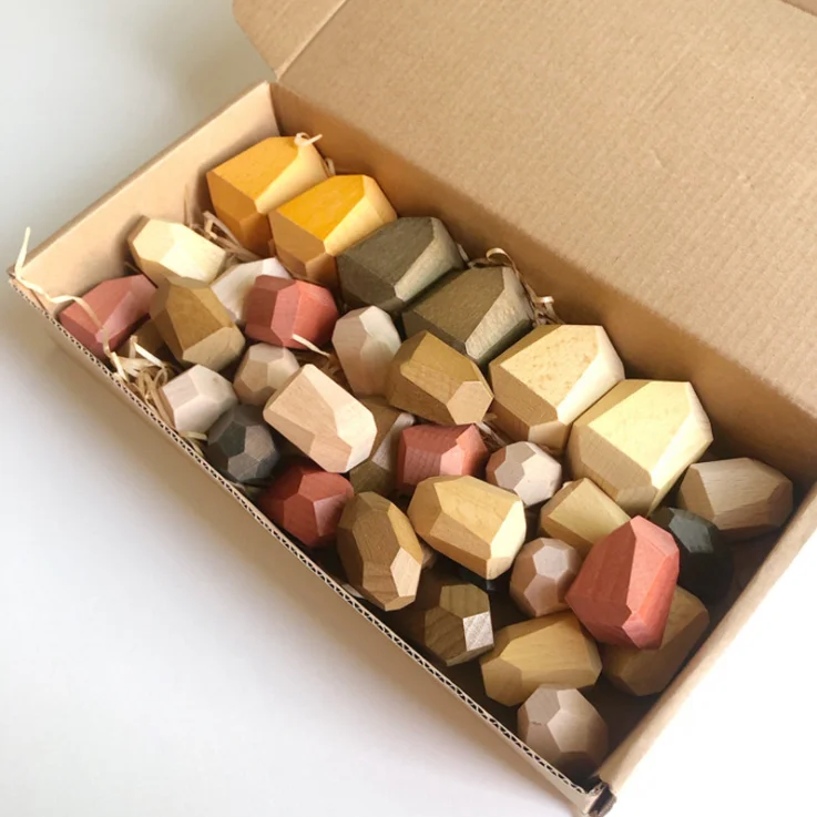 36 PCs Wooden Sorting Stacking Balancing Stone Rocks Educational Preschool Learning Toys Lightweight Building Blocks Game Stones