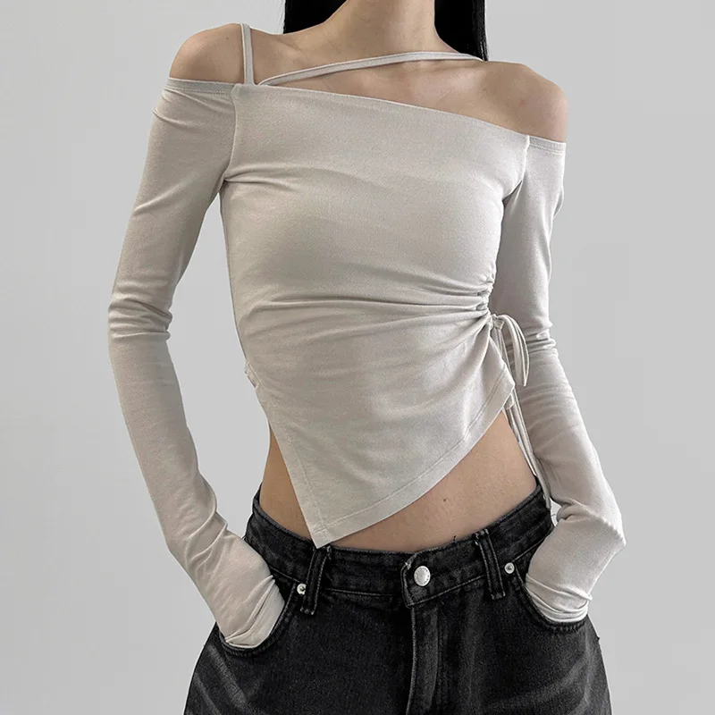 Women basic irregularity design solid color off-shoulder hollow out T-shirt hot girl lace-up top
