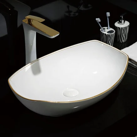 High quality art basin ceramic white gold line design bathroom modern vessel sink bowl hand wash basin for hotel
