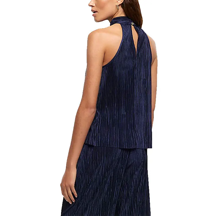 Rose Gold Plisse Halter Neck Women Tops and Bottom Set Sleeveless Layered Party Evening tank Top Blouse Elegant