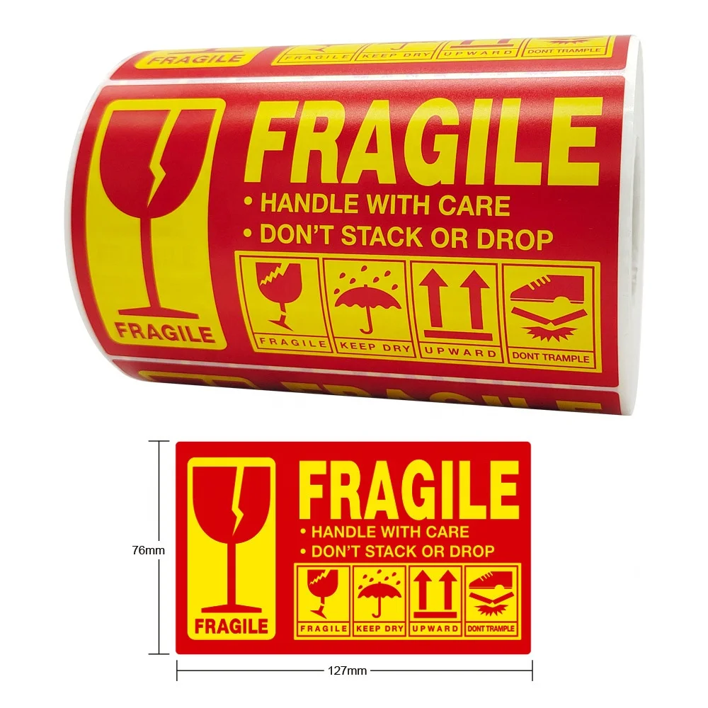 Fragile sticker logo custom self adhesive shipping labels handle with care bright red warning fragile stickers roll autocollant