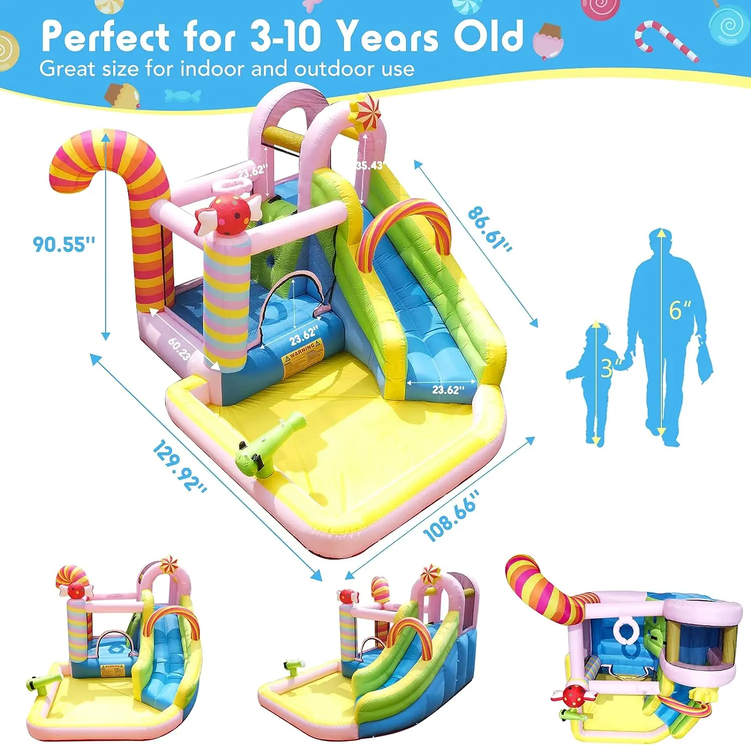 Candy Inflatable Bouncy House Inflatable Castle with Splash Pool Slide Pool Bouncer Combo for Kids to Play