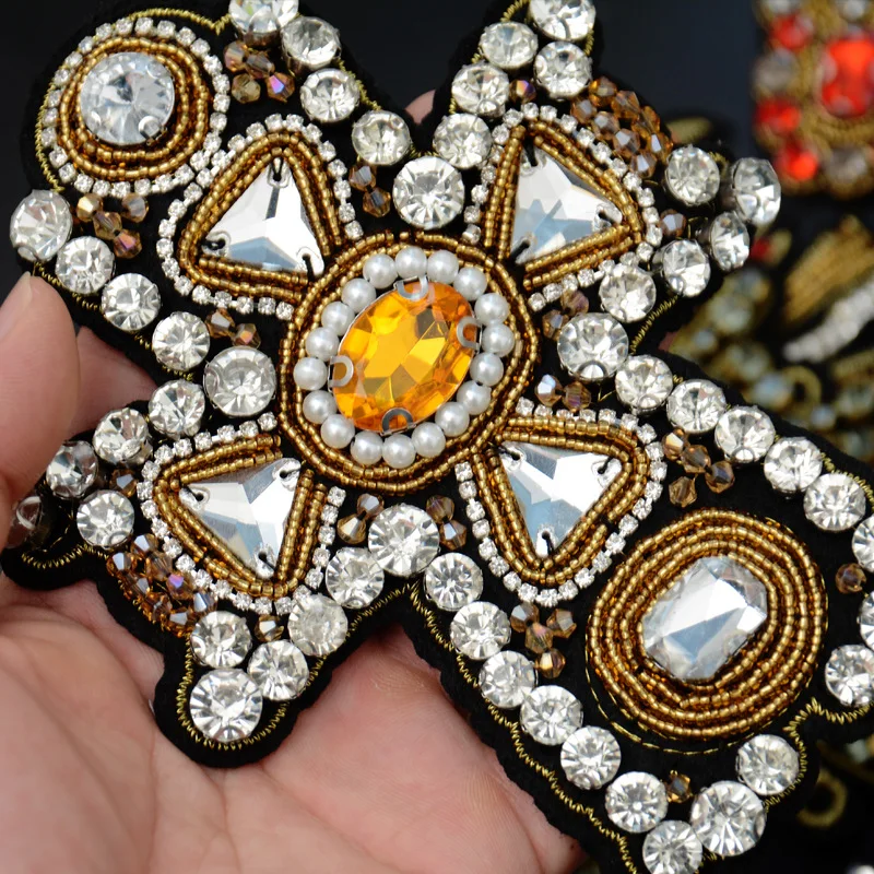 GUGUTREE handmade beaded sequined heart patches sew on embroidery star cross patch badges appliques