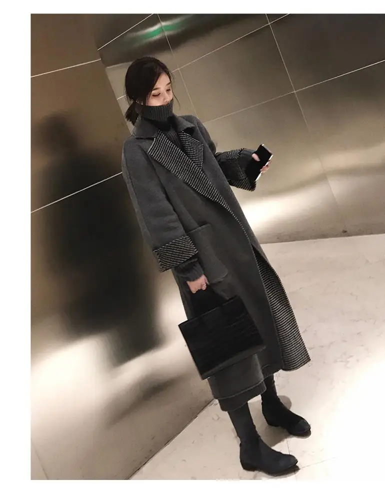 
fashion winter solid ladies plaid double to wear wool coat long coat for women casual temperament elegant women coat 