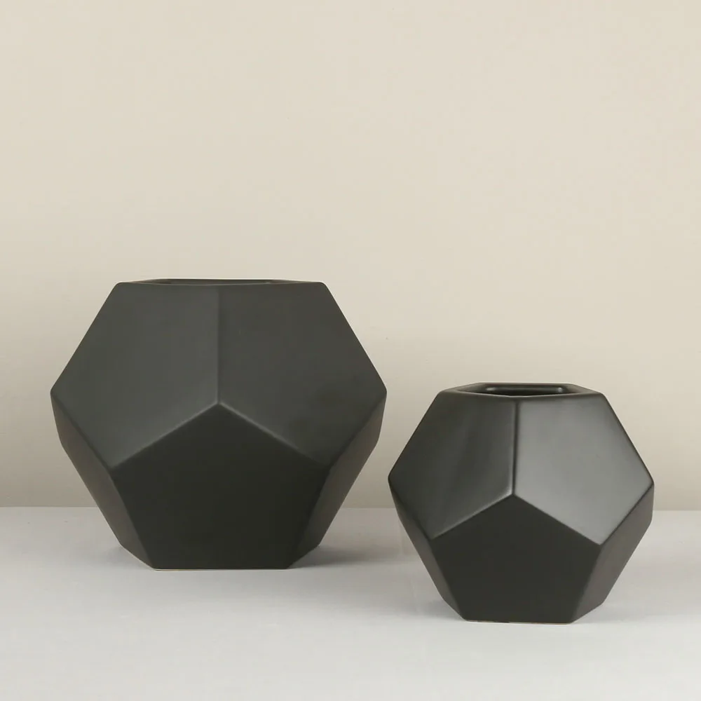 Custom Design Pentagon Shape Matte Black Ceramic Planter Pot Set of 3pcs