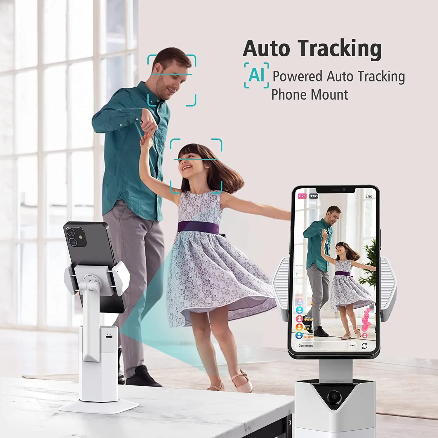 T8 White Black AI Tracking Phone Holder Gesture Control Foldable Cellphone Support Stand Wholesale Rotate Stand 360