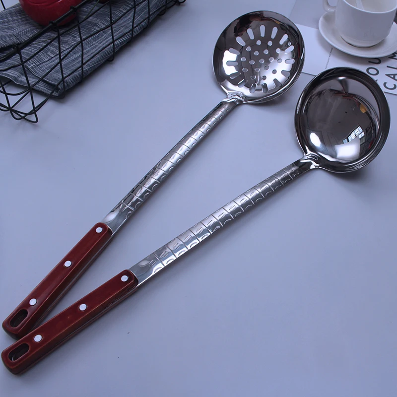 Stainless Steel Spatula Spoon Colander Long Wooden Handle Scoop Turner Kitchen Tools