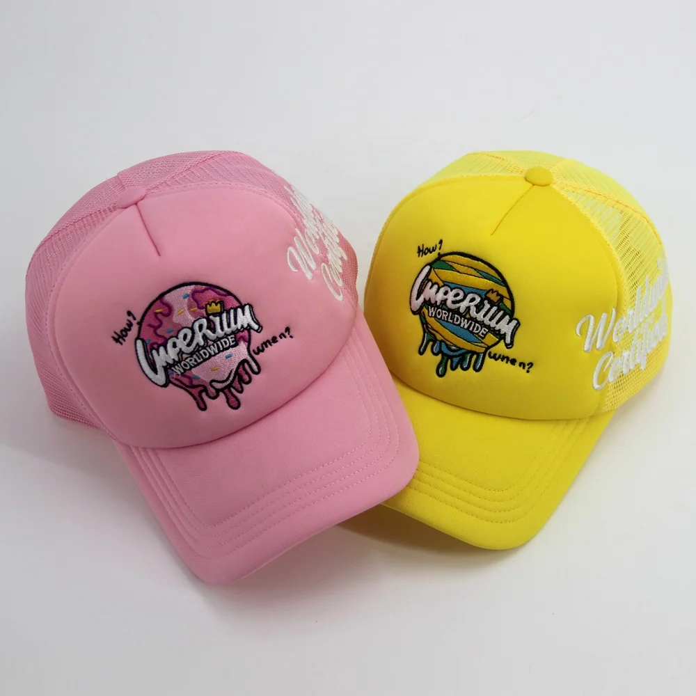 High Quality Wholesale Custom Embroidery Logo 5 Panel foam Mesh Thermal transfer printing Trucker Caps Hats