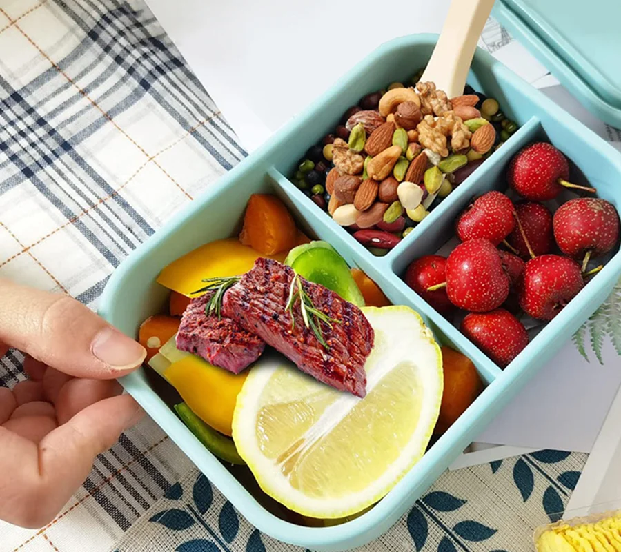 1200ml Collapsible Silicone Folding Lunch Box with Lid, 3 Compartments Bento Food Container